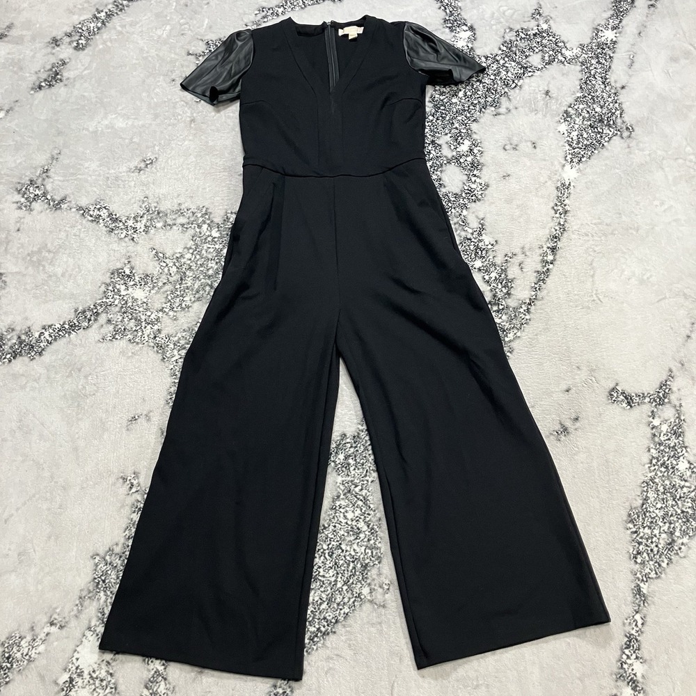 Michael Michael Kors Black Wide Leg Jumpsuit‎ S Faux Leather Sleeve V Neck
